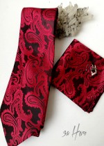 Луксозен комплект мъжка вратовръзка кърпичка и ръкавели в червено и черно